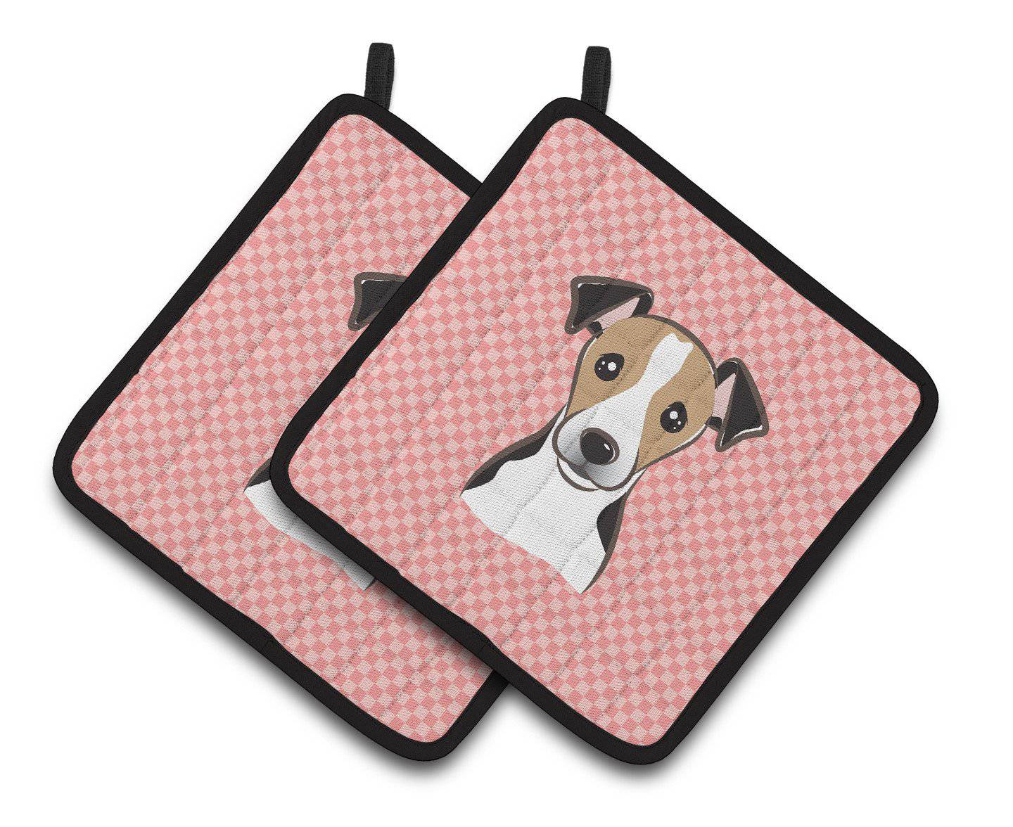 Checkerboard Pink Jack Russell Terrier Pair of Pot Holders BB1261PTHD - the-store.com