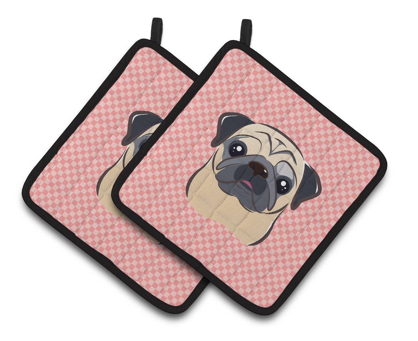 Checkerboard Pink Fawn Pug Pair of Pot Holders BB1262PTHD - the-store.com