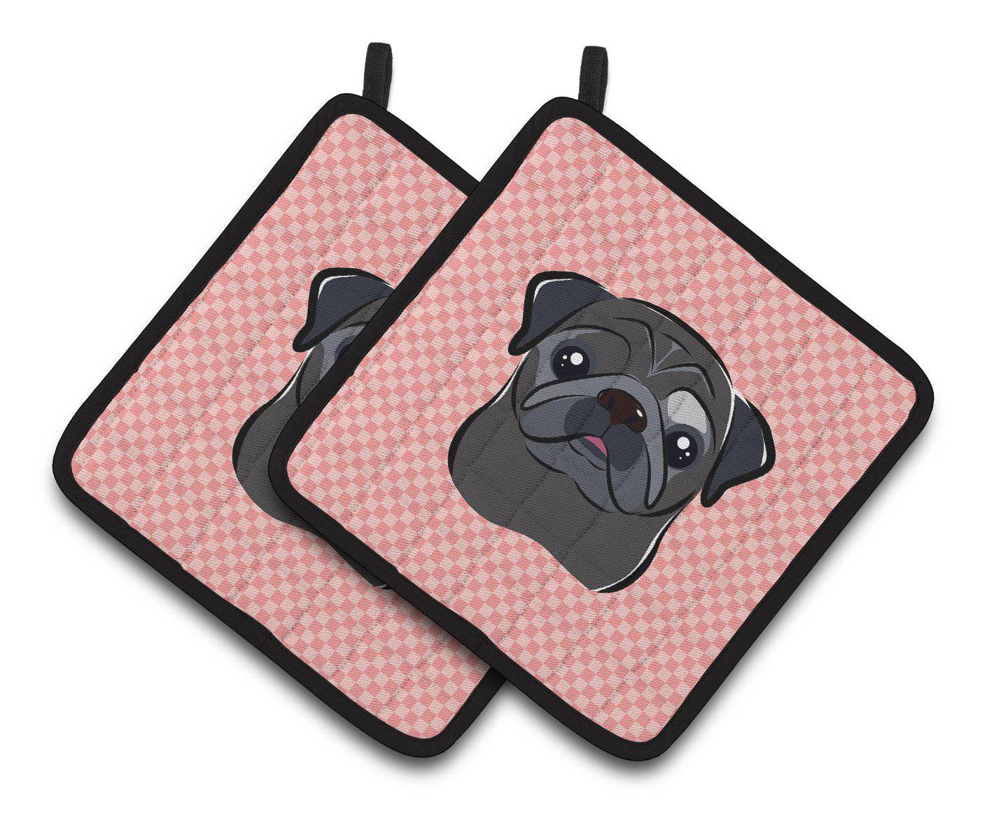 Checkerboard Pink Black Pug Pair of Pot Holders BB1263PTHD - the-store.com