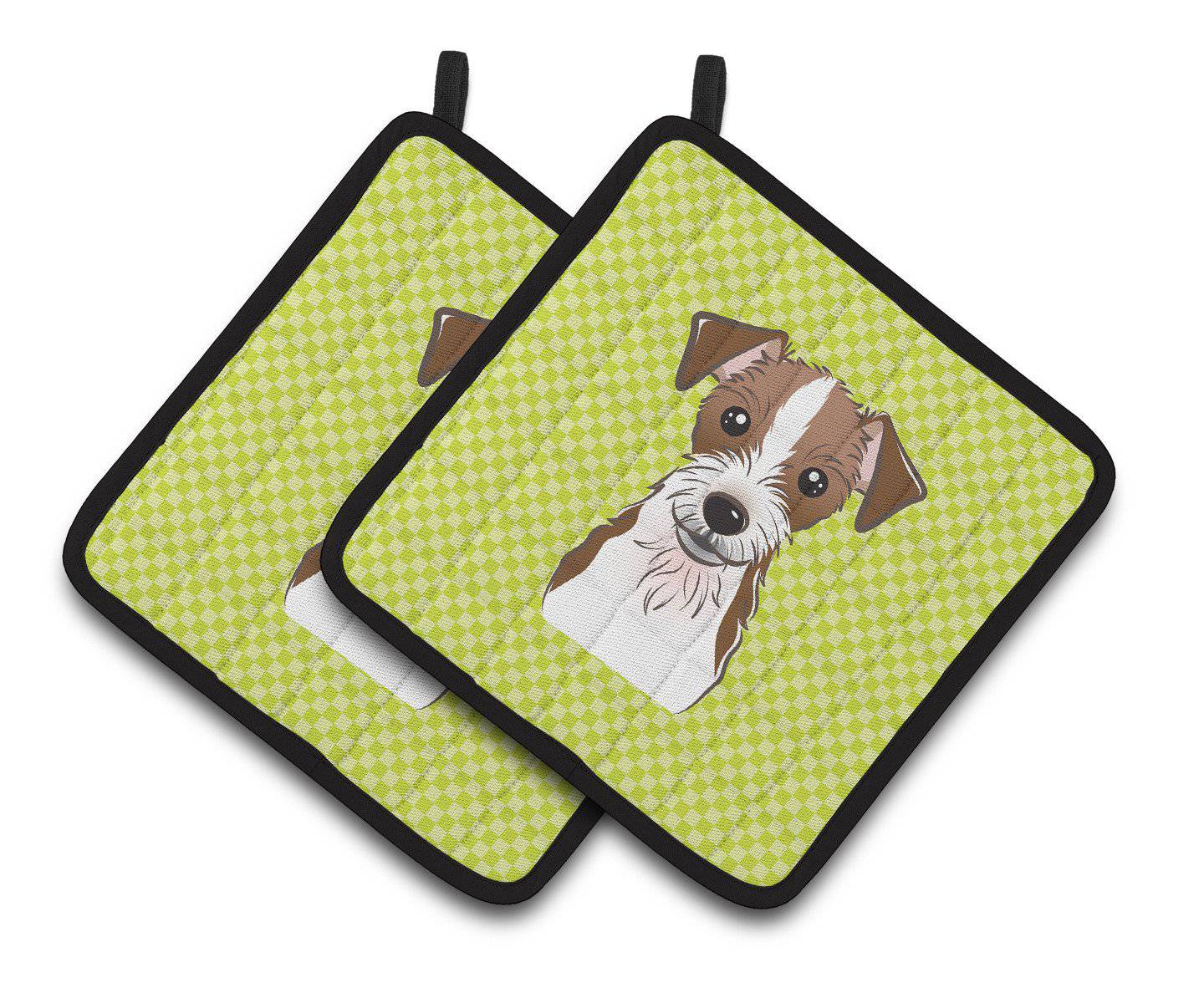 Checkerboard Lime Green Jack Russell Terrier Pair of Pot Holders BB1264PTHD - the-store.com