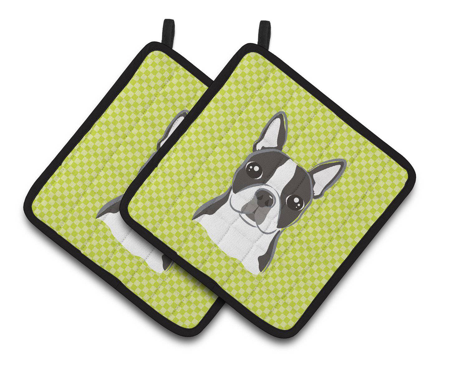 Checkerboard Lime Green Boston Terrier Pair of Pot Holders BB1265PTHD - the-store.com