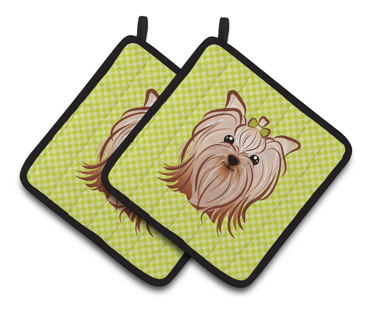 Checkerboard Lime Green Yorkie Yorkishire Terrier Pair of Pot Holders BB1266PTHD - the-store.com