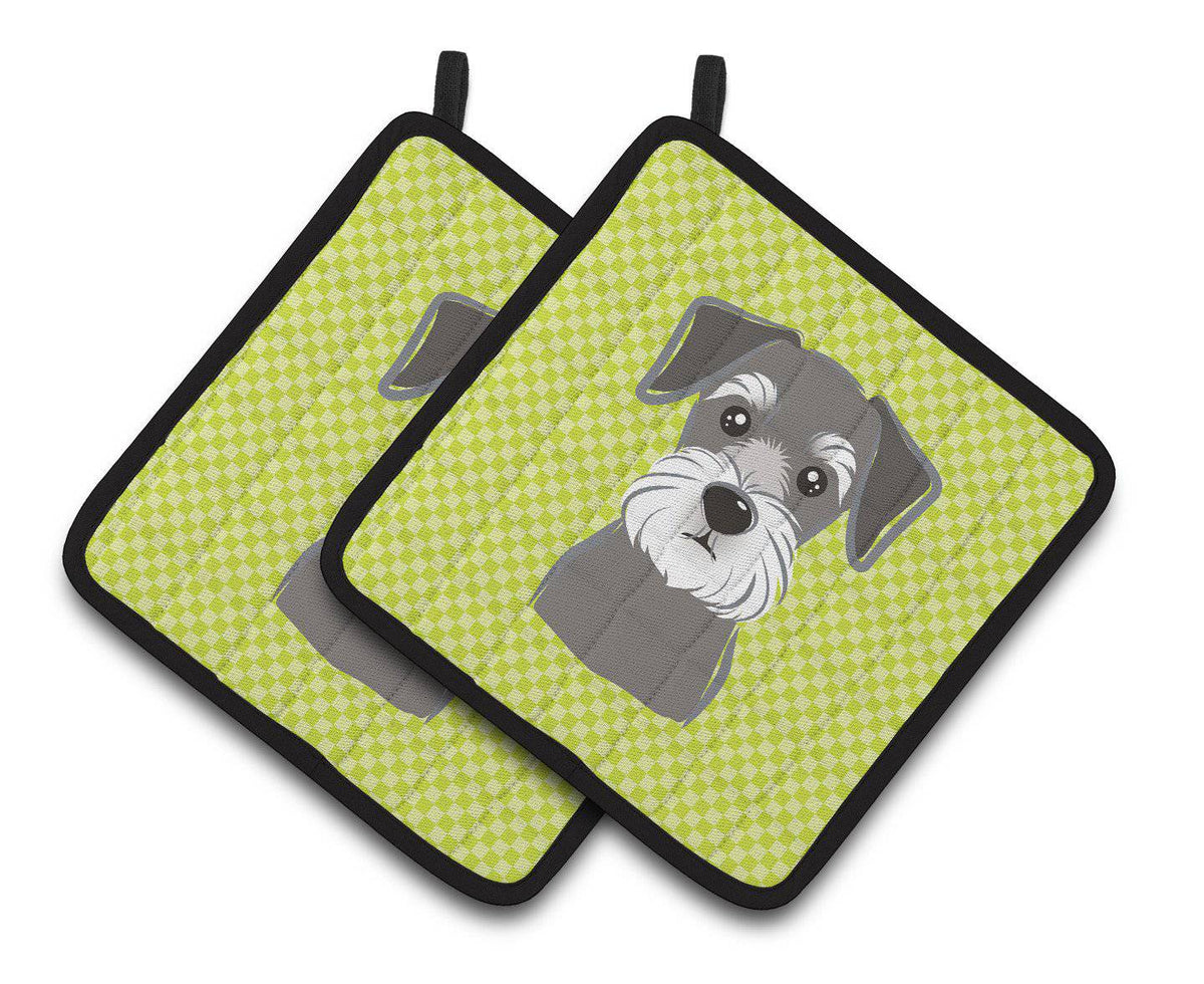 Checkerboard Lime Green Schnauzer Pair of Pot Holders BB1268PTHD - the-store.com