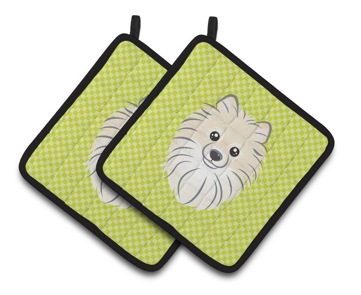 Checkerboard Lime Green Pomeranian Pair of Pot Holders BB1269PTHD - the-store.com