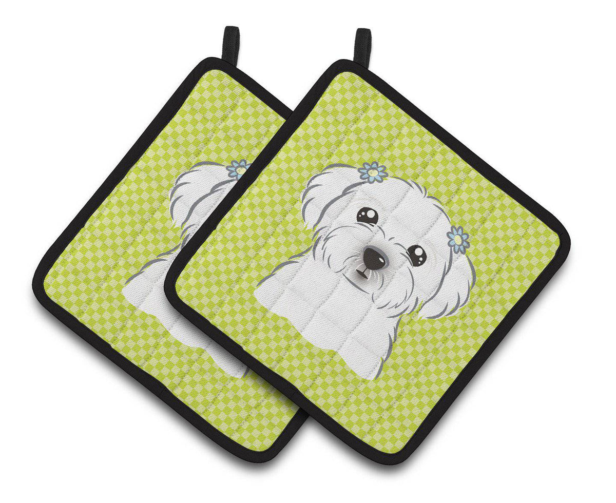 Checkerboard Lime Green Maltese Pair of Pot Holders BB1270PTHD - the-store.com