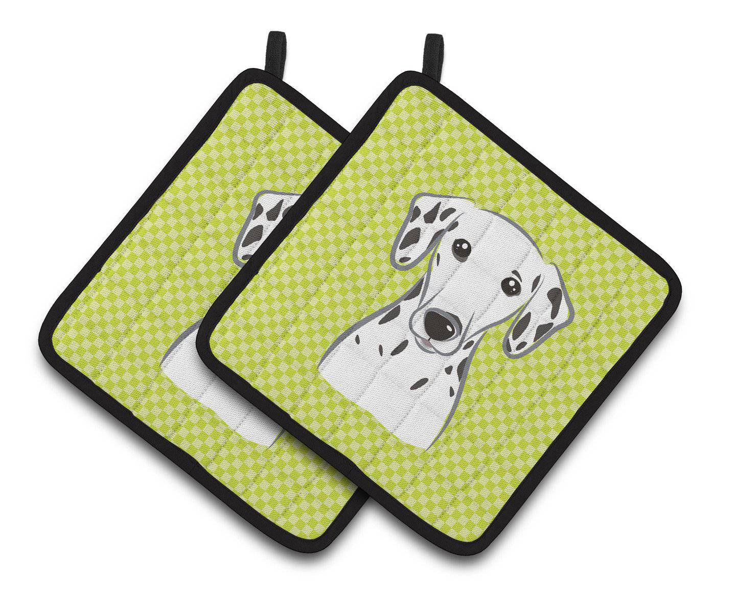 Checkerboard Lime Green Dalmatian Pair of Pot Holders BB1272PTHD - the-store.com