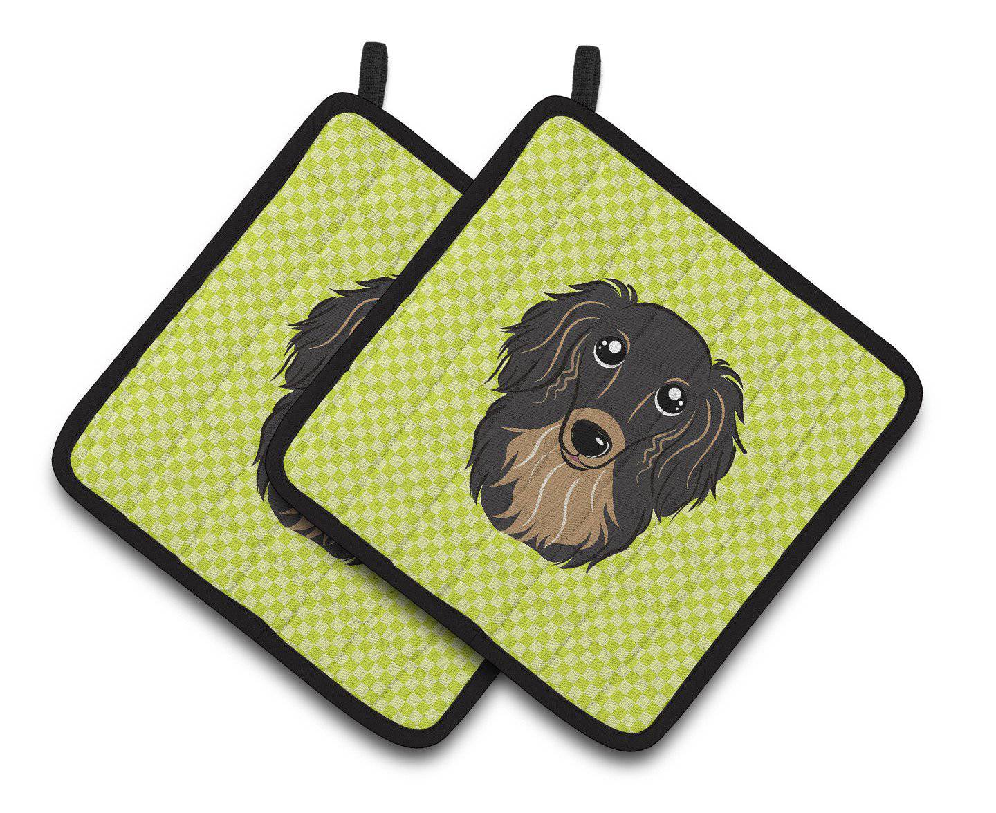 Checkerboard Lime Green Longhair Black and Tan Dachshund Pair of Pot Holders BB1275PTHD - the-store.com