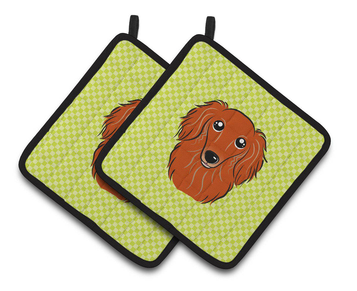 Checkerboard Lime Green Longhair Red Dachshund Pair of Pot Holders BB1276PTHD - the-store.com