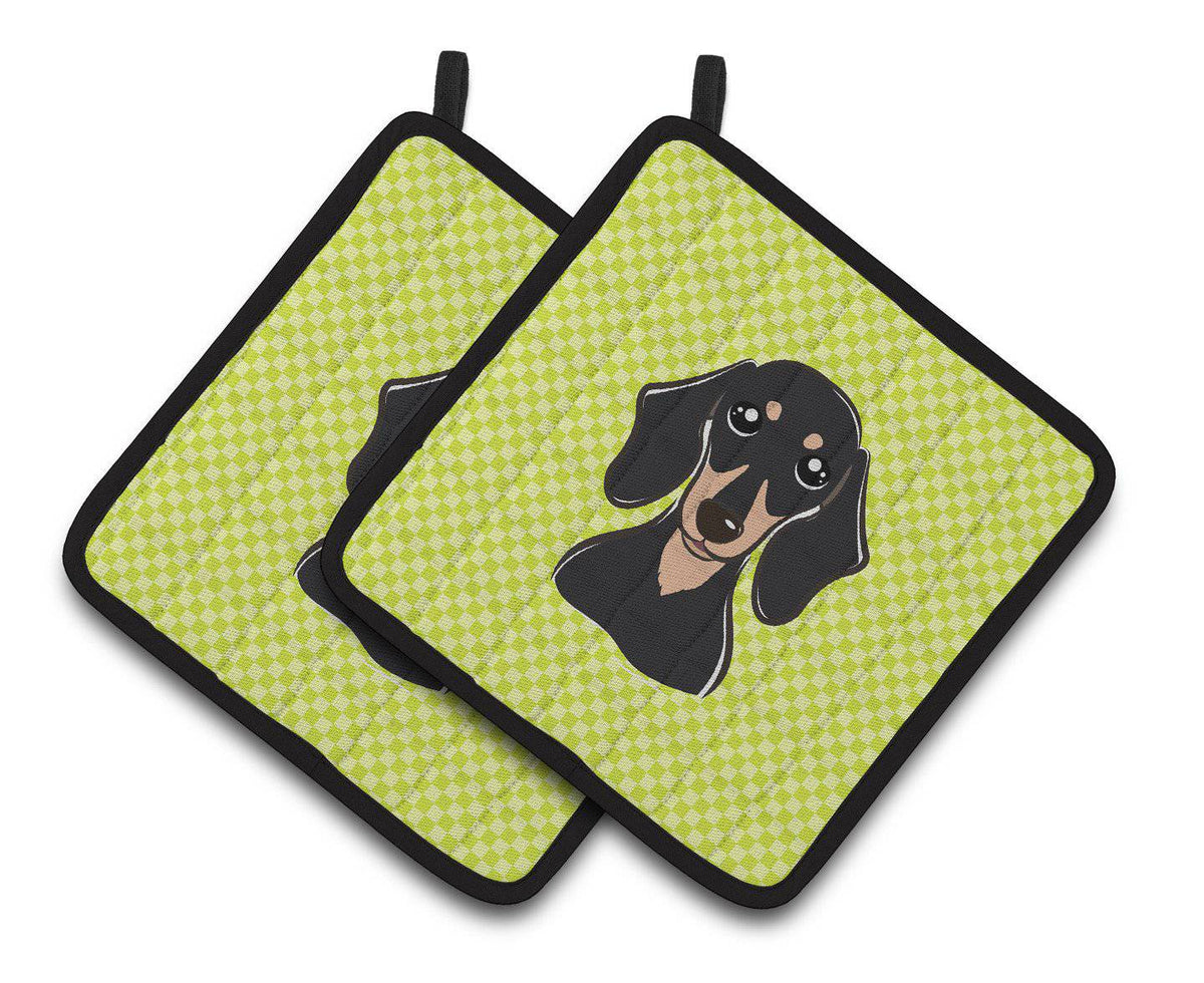 Checkerboard Lime Green Smooth Black and Tan Dachshund Pair of Pot Holders BB1277PTHD - the-store.com