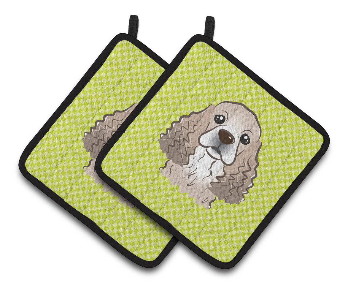 Checkerboard Lime Green Cocker Spaniel Pair of Pot Holders BB1278PTHD - the-store.com