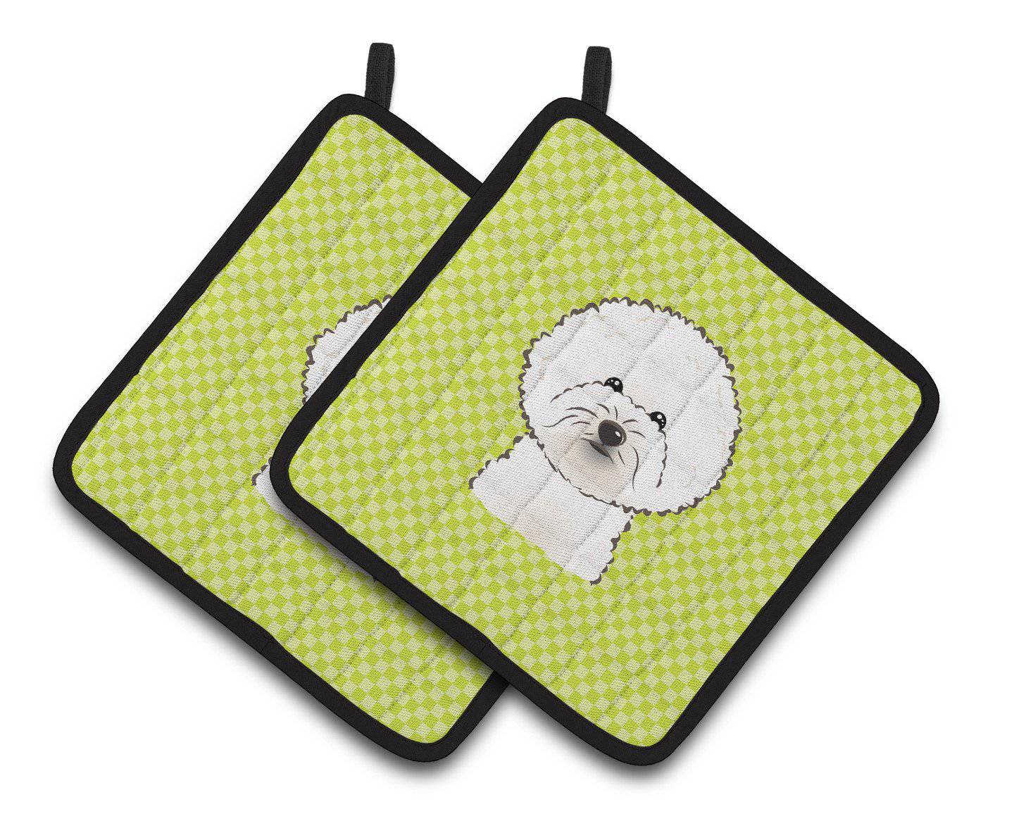 Checkerboard Lime Green Bichon Frise Pair of Pot Holders BB1279PTHD - the-store.com