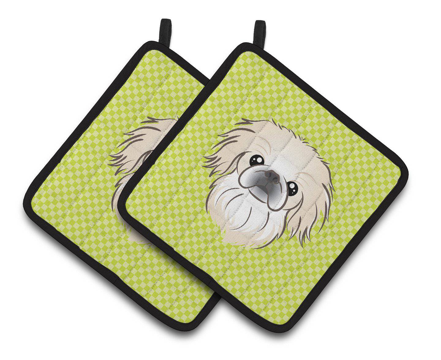 Checkerboard Lime Green Pekingese Pair of Pot Holders BB1283PTHD - the-store.com