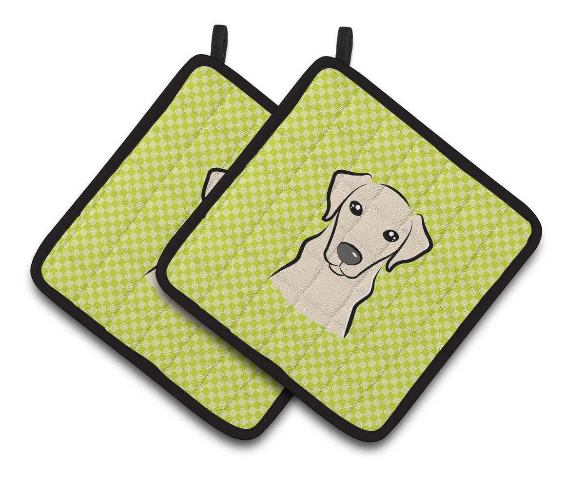 Checkerboard Lime Green Yellow Labrador Pair of Pot Holders BB1284PTHD - the-store.com
