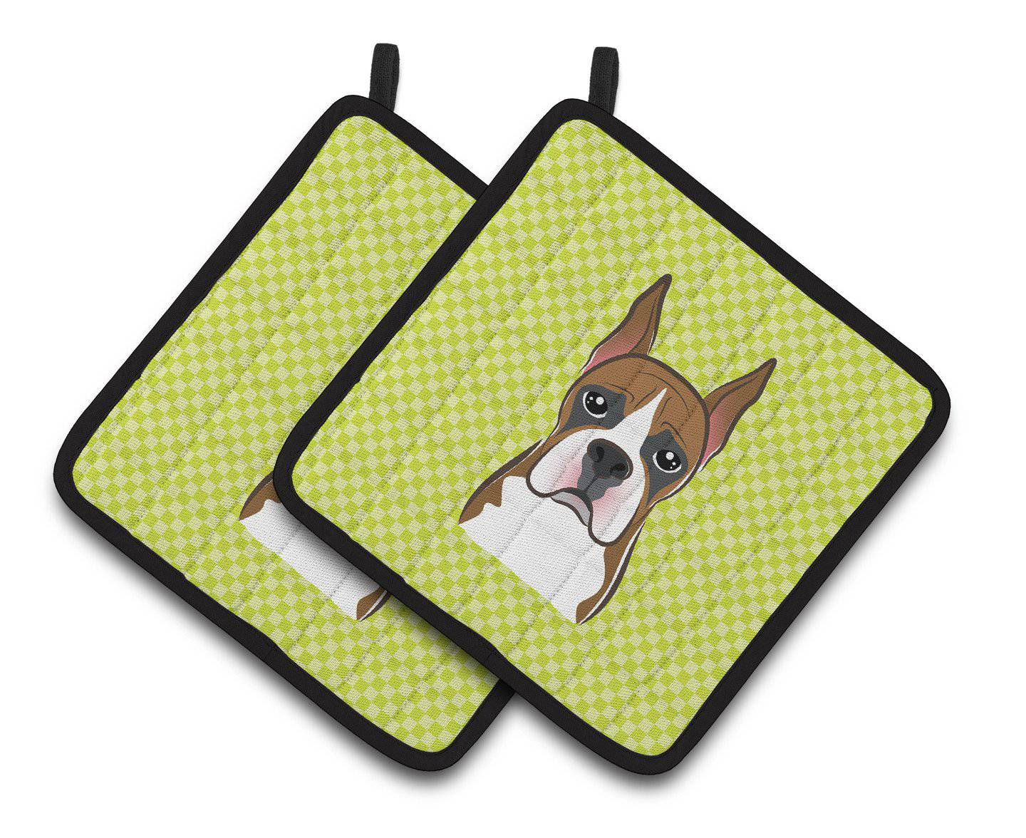 Checkerboard Lime Green Boxer Pair of Pot Holders BB1285PTHD - the-store.com