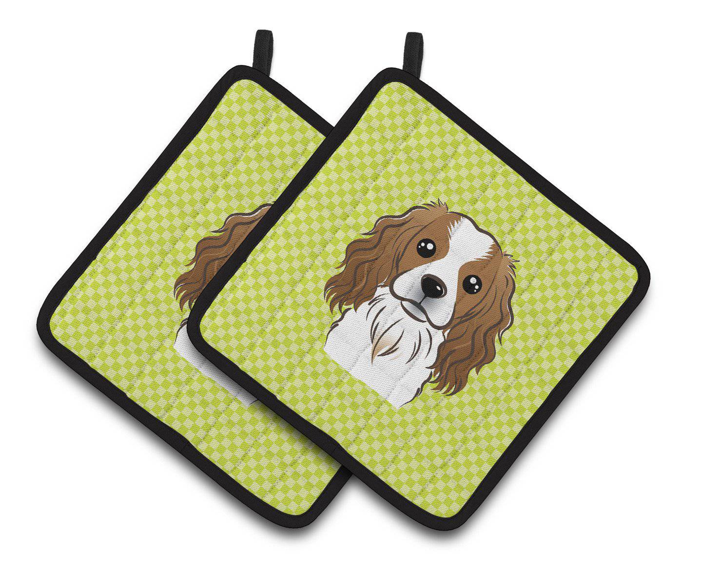 Checkerboard Lime Green Cavalier Spaniel Pair of Pot Holders BB1286PTHD - the-store.com