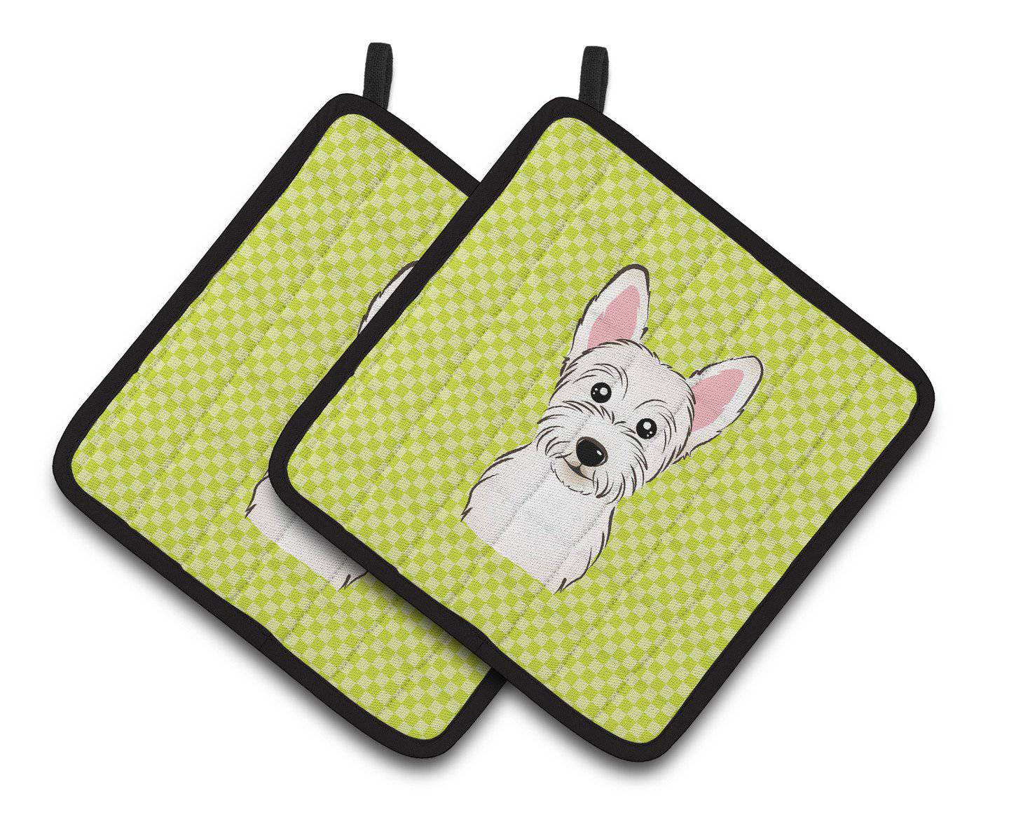 Checkerboard Lime Green Westie Pair of Pot Holders BB1288PTHD - the-store.com