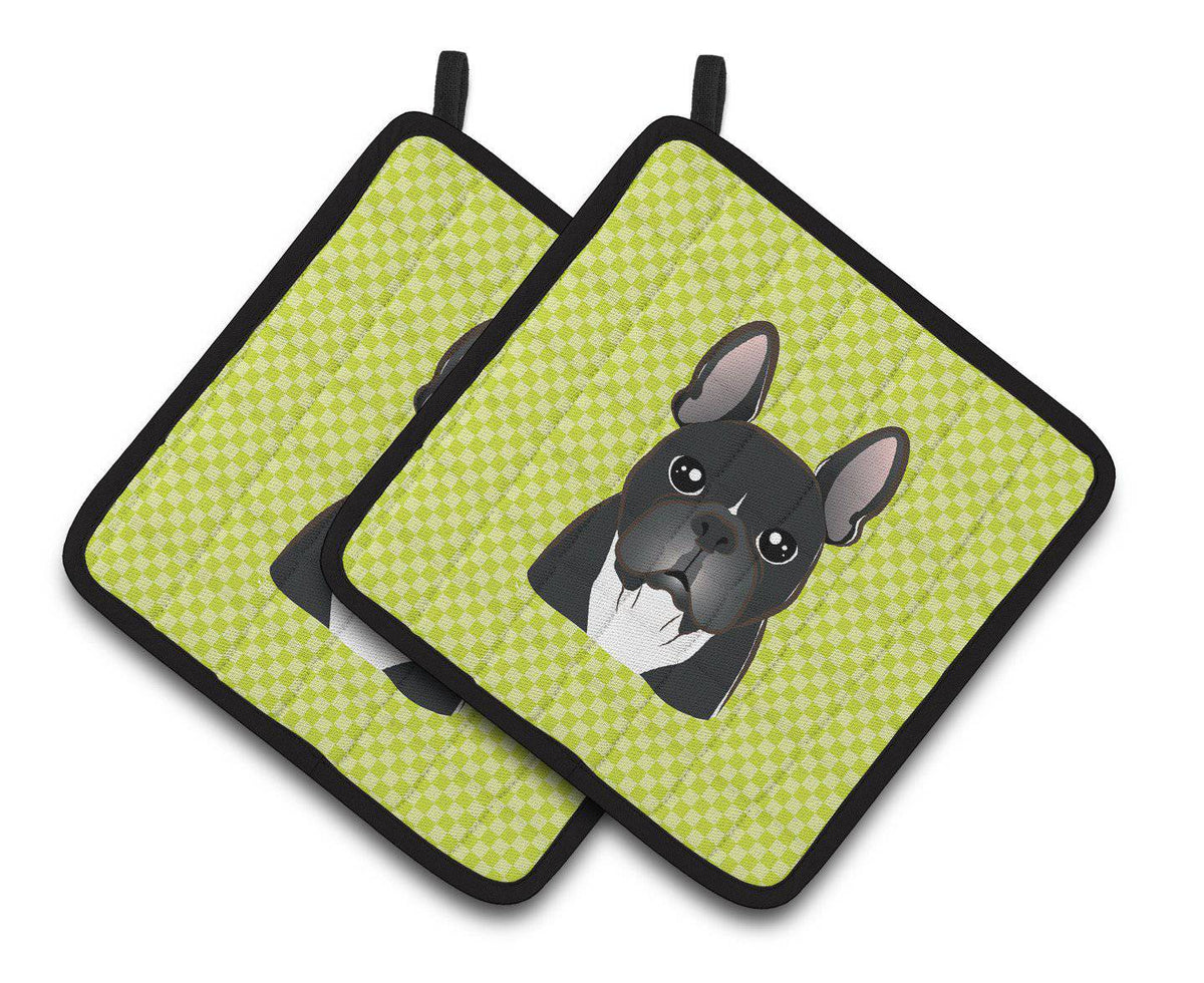 Checkerboard Lime Green French Bulldog Pair of Pot Holders BB1289PTHD - the-store.com