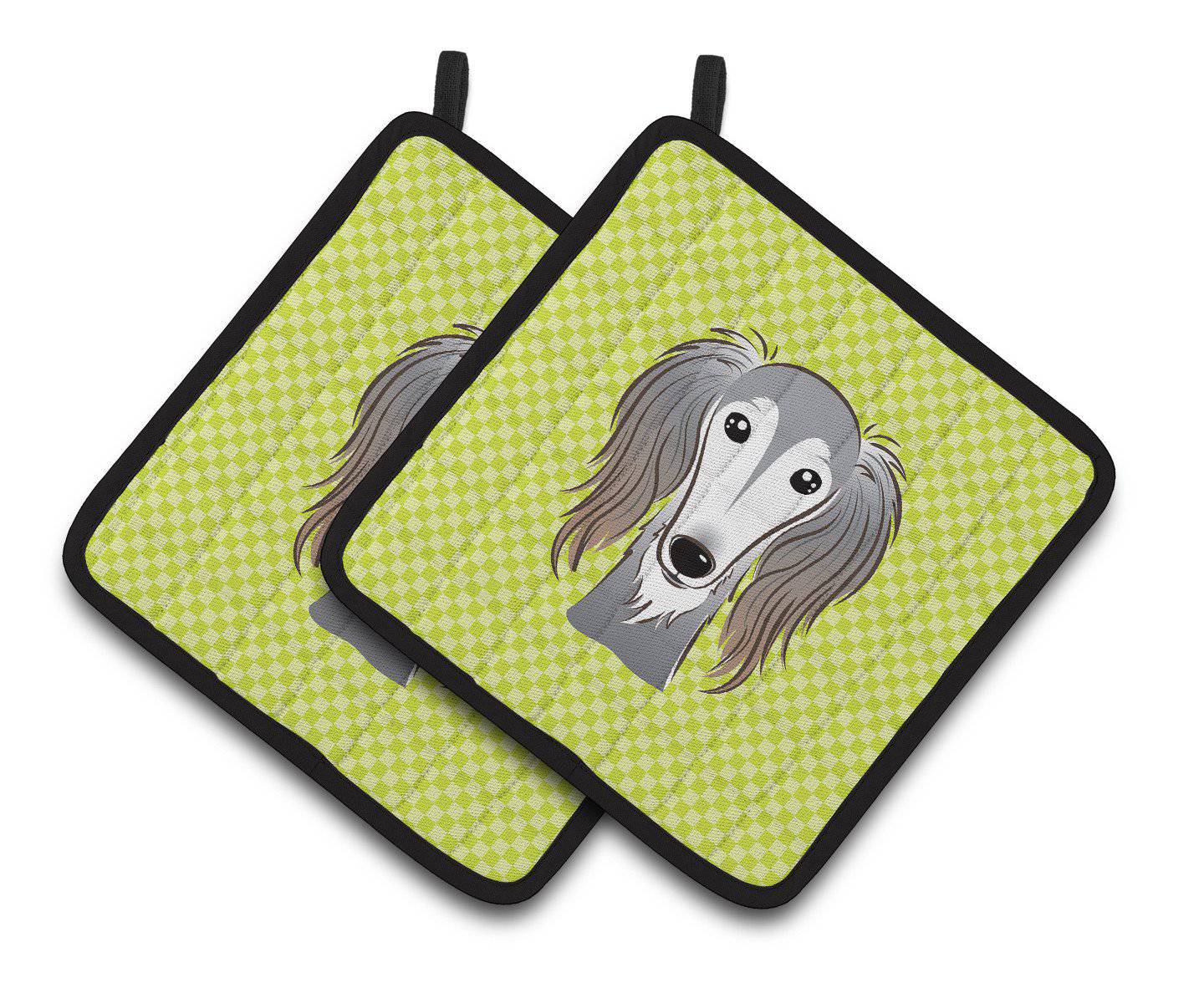 Checkerboard Lime Green Saluki Pair of Pot Holders BB1291PTHD - the-store.com