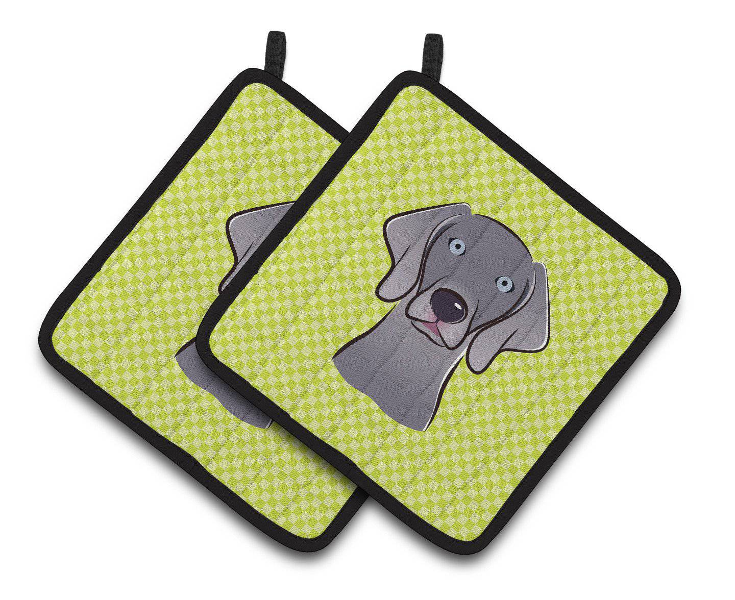 Checkerboard Lime Green Weimaraner Pair of Pot Holders BB1293PTHD - the-store.com