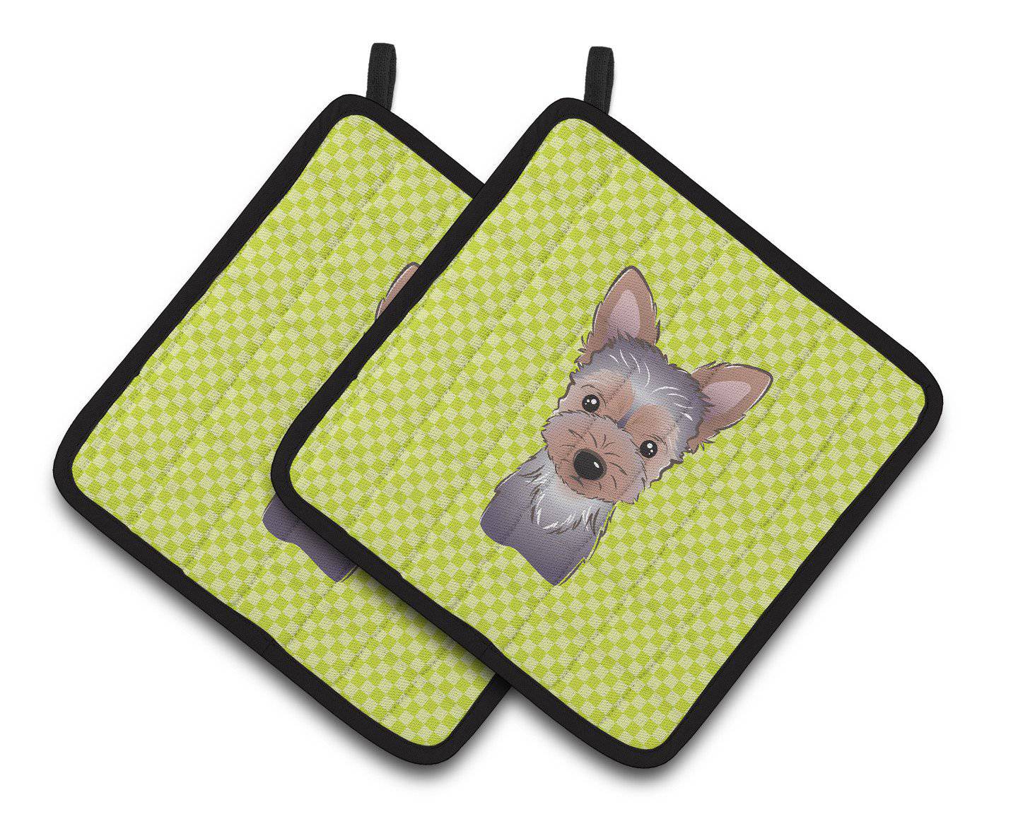 Checkerboard Lime Green Yorkie Puppy Pair of Pot Holders BB1294PTHD - the-store.com