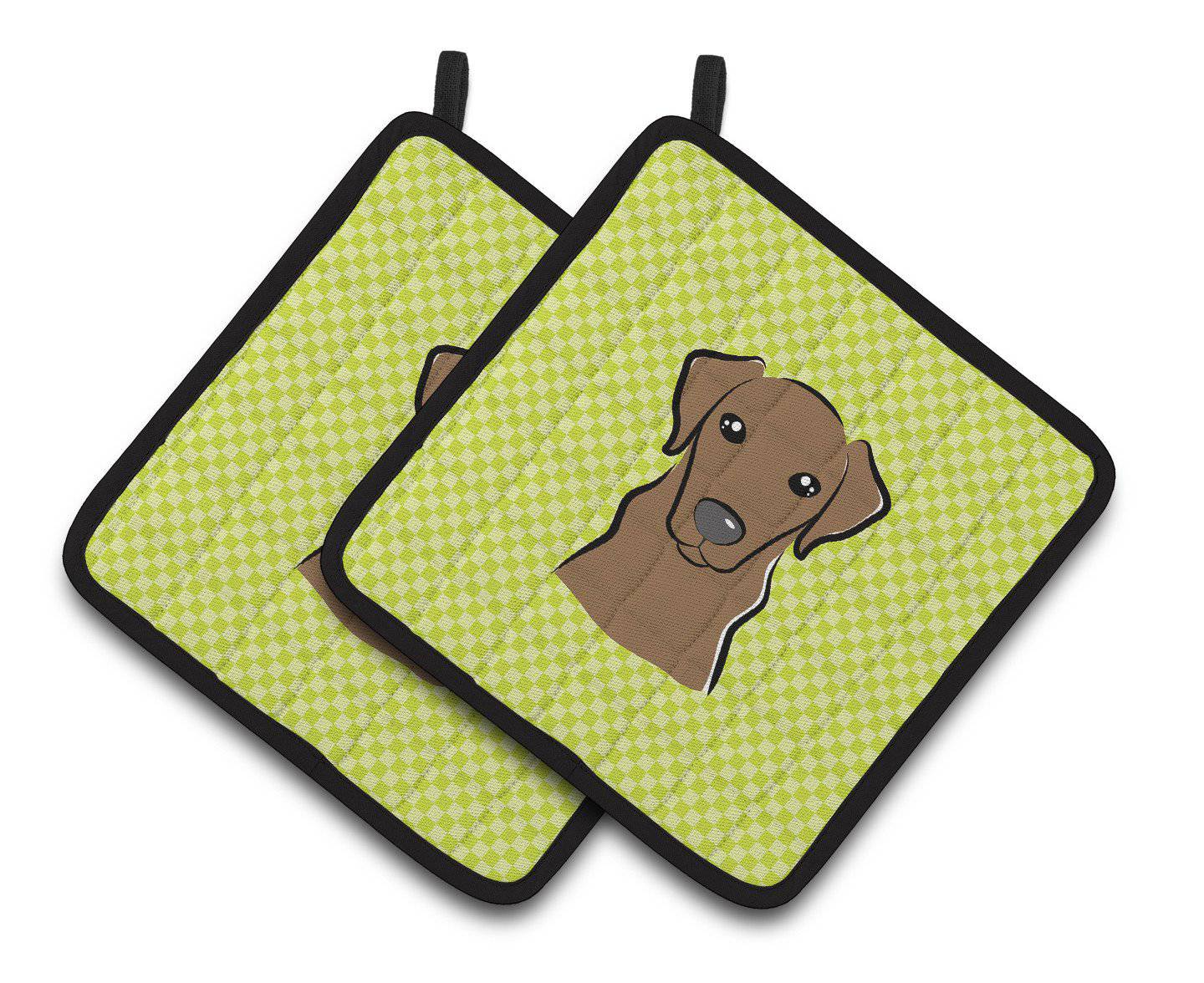Checkerboard Lime Green Chocolate Labrador Pair of Pot Holders BB1296PTHD - the-store.com