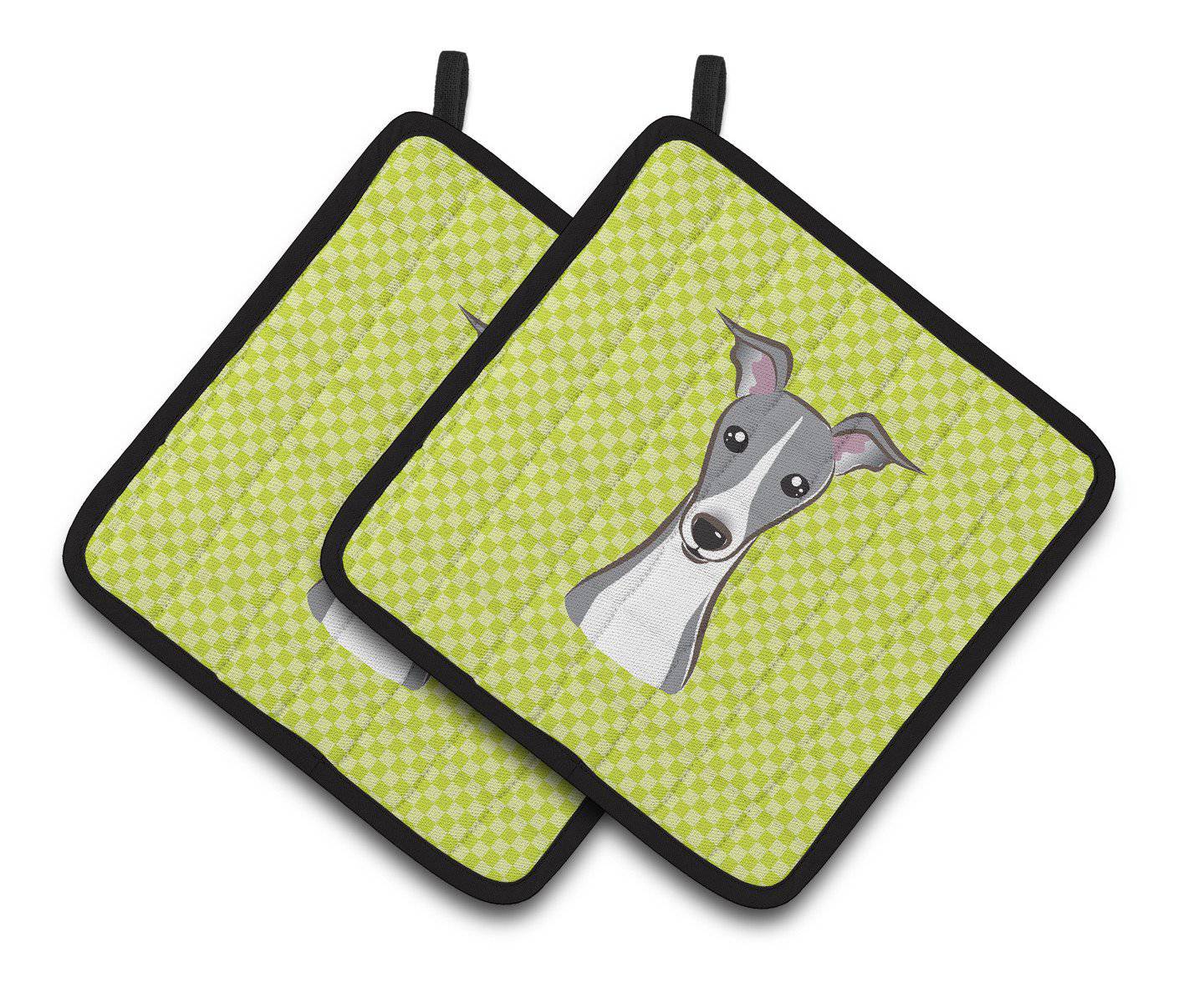 Checkerboard Lime Green Italian Greyhound Pair of Pot Holders BB1298PTHD - the-store.com