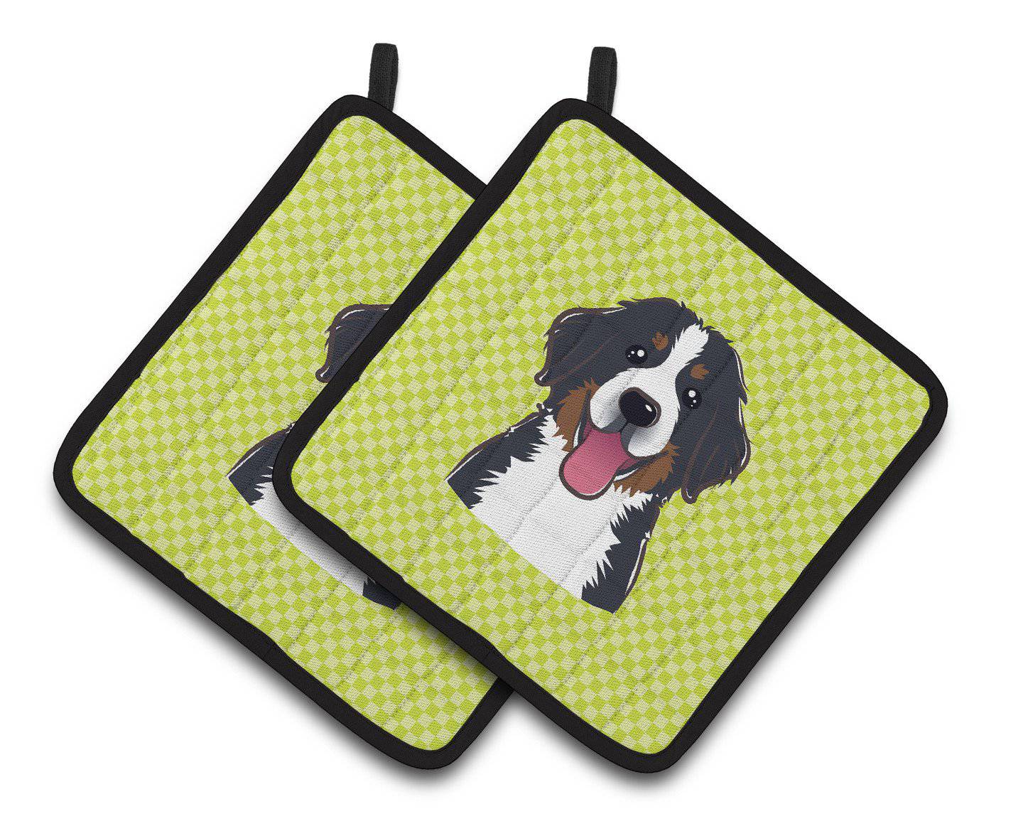 Checkerboard Lime Green Bernese Mountain Dog Pair of Pot Holders BB1299PTHD - the-store.com