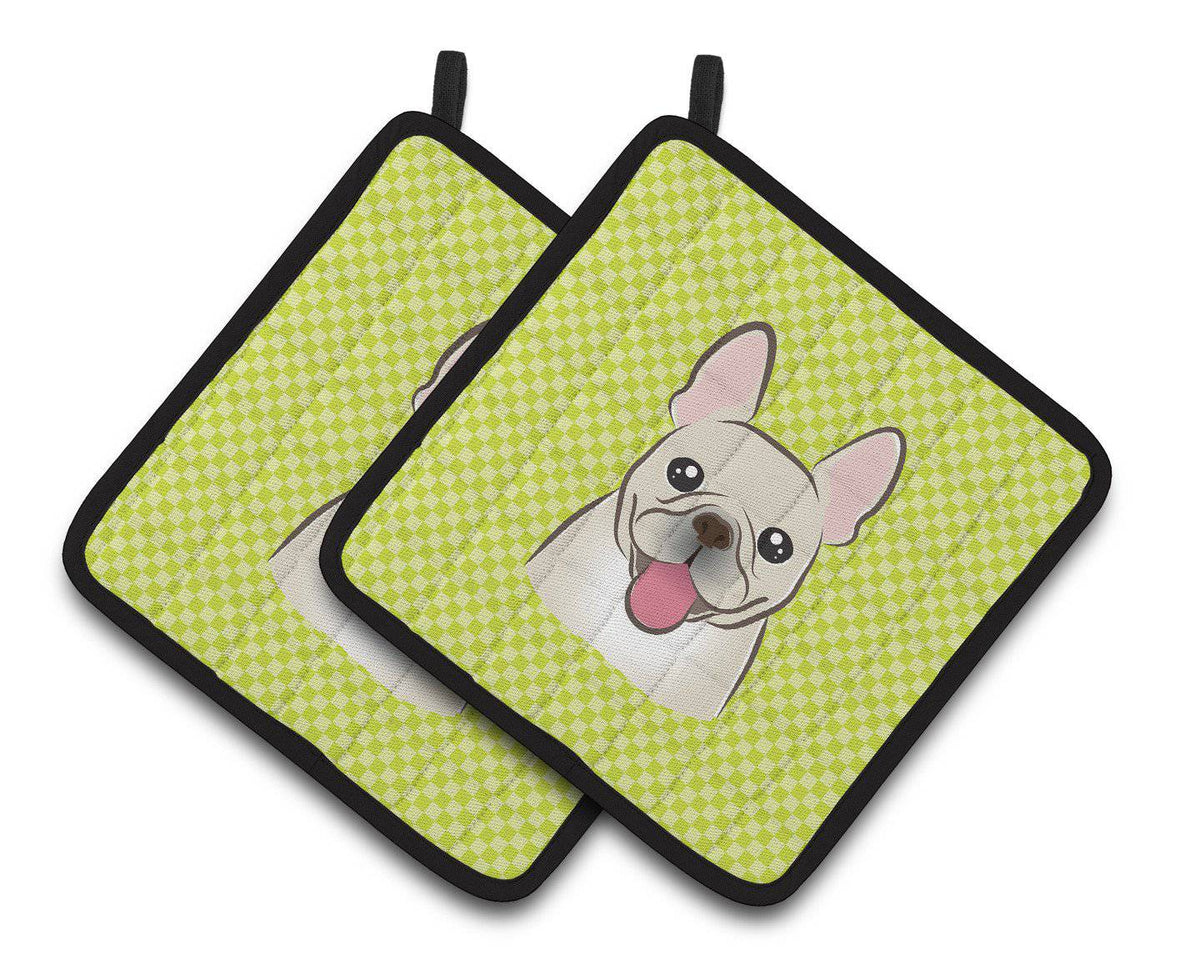Checkerboard Lime Green French Bulldog Pair of Pot Holders BB1300PTHD - the-store.com