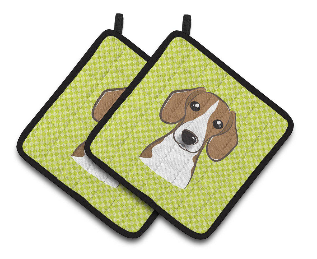 Checkerboard Lime Green Beagle Pair of Pot Holders BB1301PTHD - the-store.com