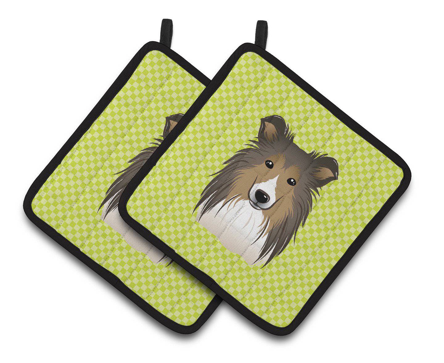 Checkerboard Lime Green Sheltie Pair of Pot Holders BB1304PTHD - the-store.com