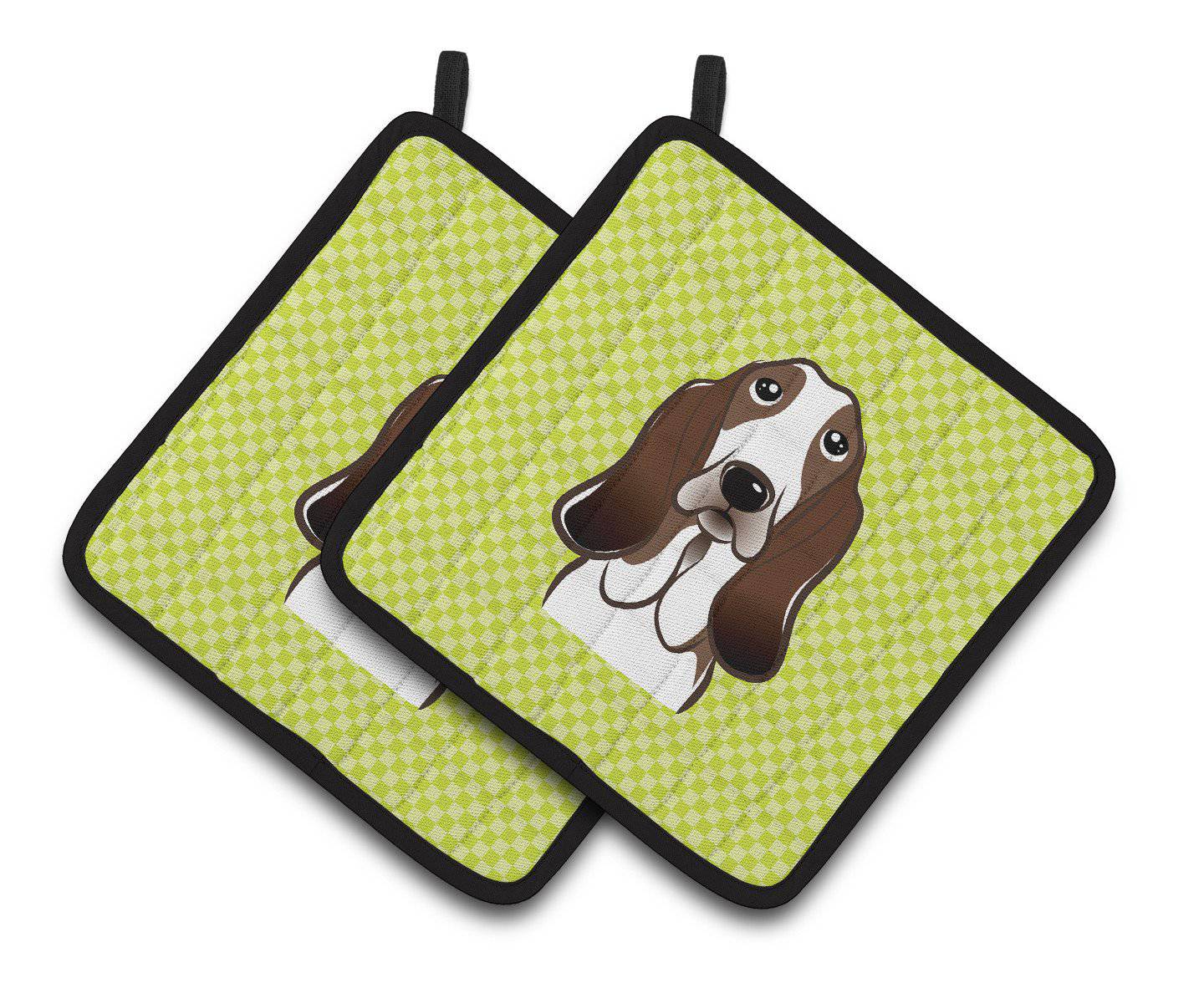 Checkerboard Lime Green Basset Hound Pair of Pot Holders BB1305PTHD - the-store.com