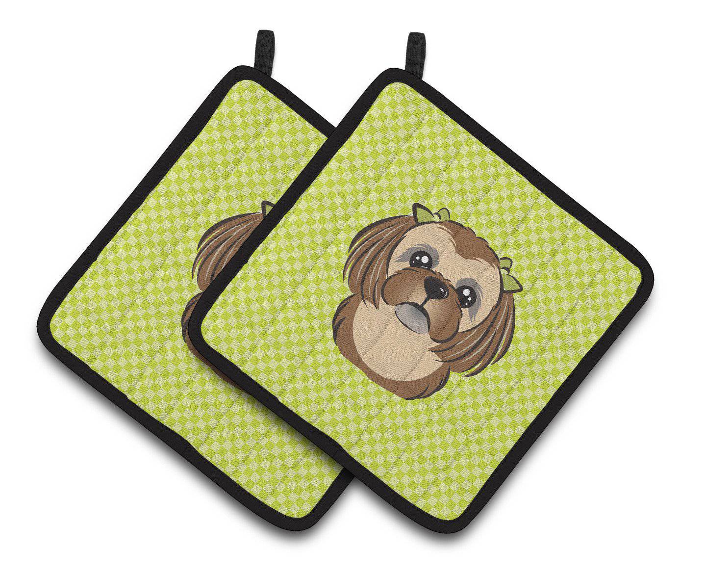 Checkerboard Lime Green Chocolate Brown Shih Tzu Pair of Pot Holders BB1311PTHD - the-store.com