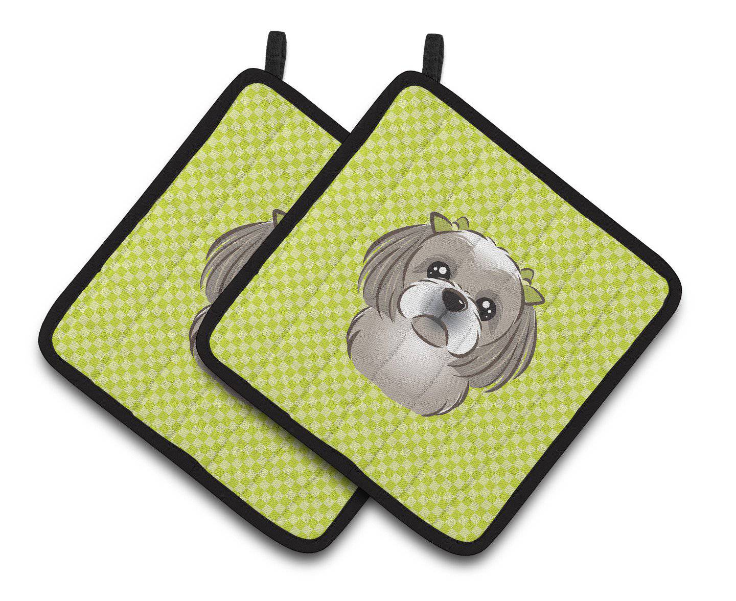 Checkerboard Lime Green Gray Silver Shih Tzu Pair of Pot Holders BB1312PTHD - the-store.com