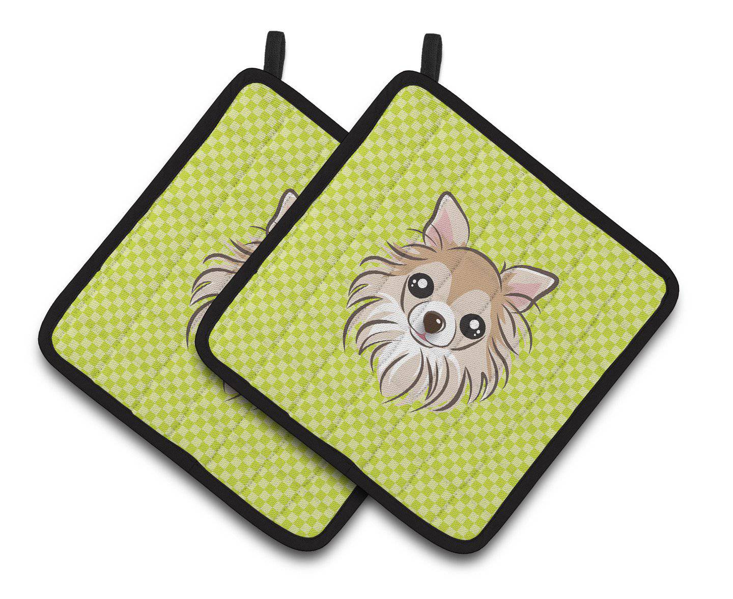 Checkerboard Lime Green Chihuahua Pair of Pot Holders BB1313PTHD - the-store.com