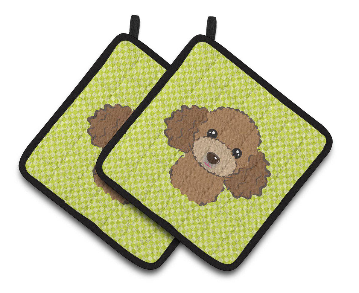 Checkerboard Lime Green Chocolate Brown Poodle Pair of Pot Holders BB1318PTHD - the-store.com