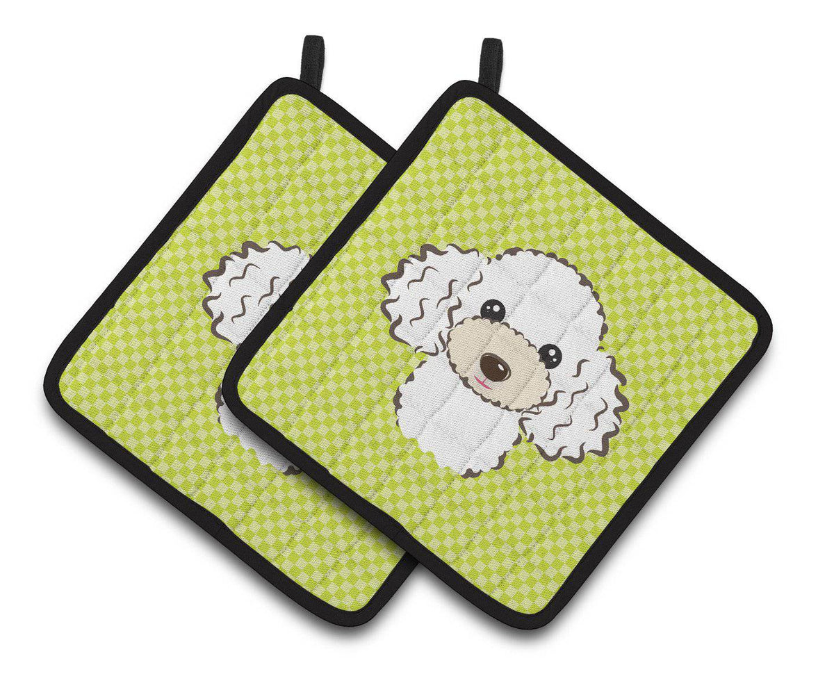 Checkerboard Lime Green White Poodle Pair of Pot Holders BB1319PTHD - the-store.com