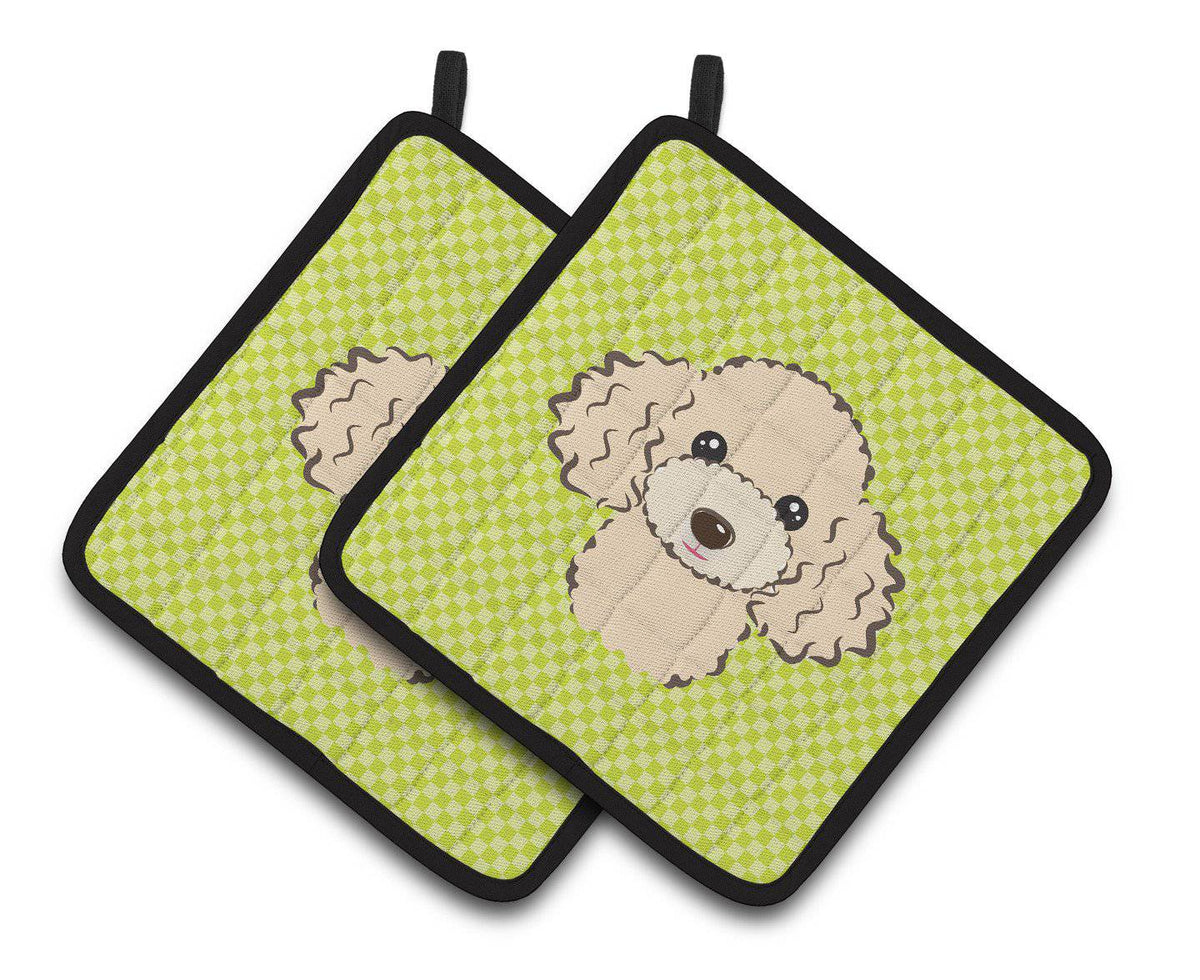 Checkerboard Lime Green Buff Poodle Pair of Pot Holders BB1320PTHD - the-store.com