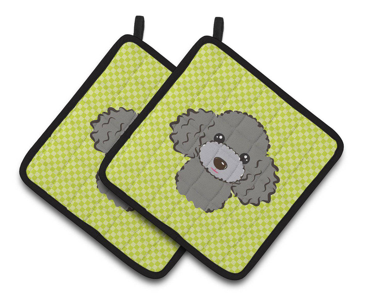 Checkerboard Lime Green Silver Gray Poodle Pair of Pot Holders BB1321PTHD - the-store.com