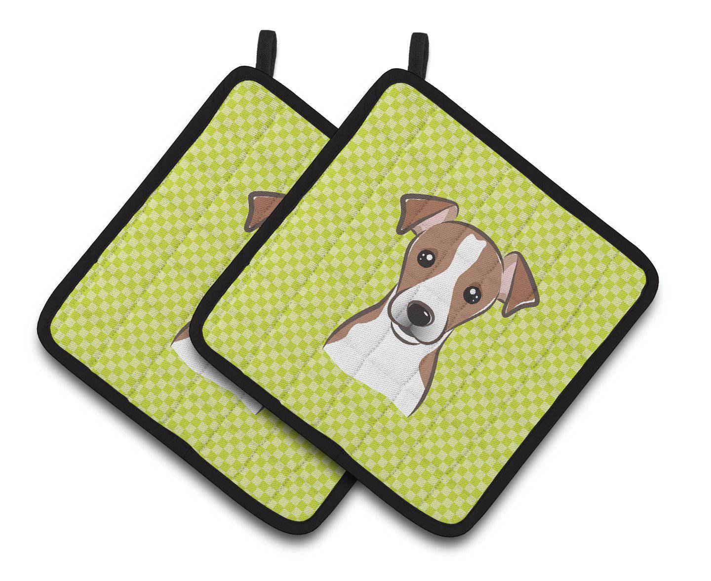 Checkerboard Lime Green Jack Russell Terrier Pair of Pot Holders BB1322PTHD - the-store.com