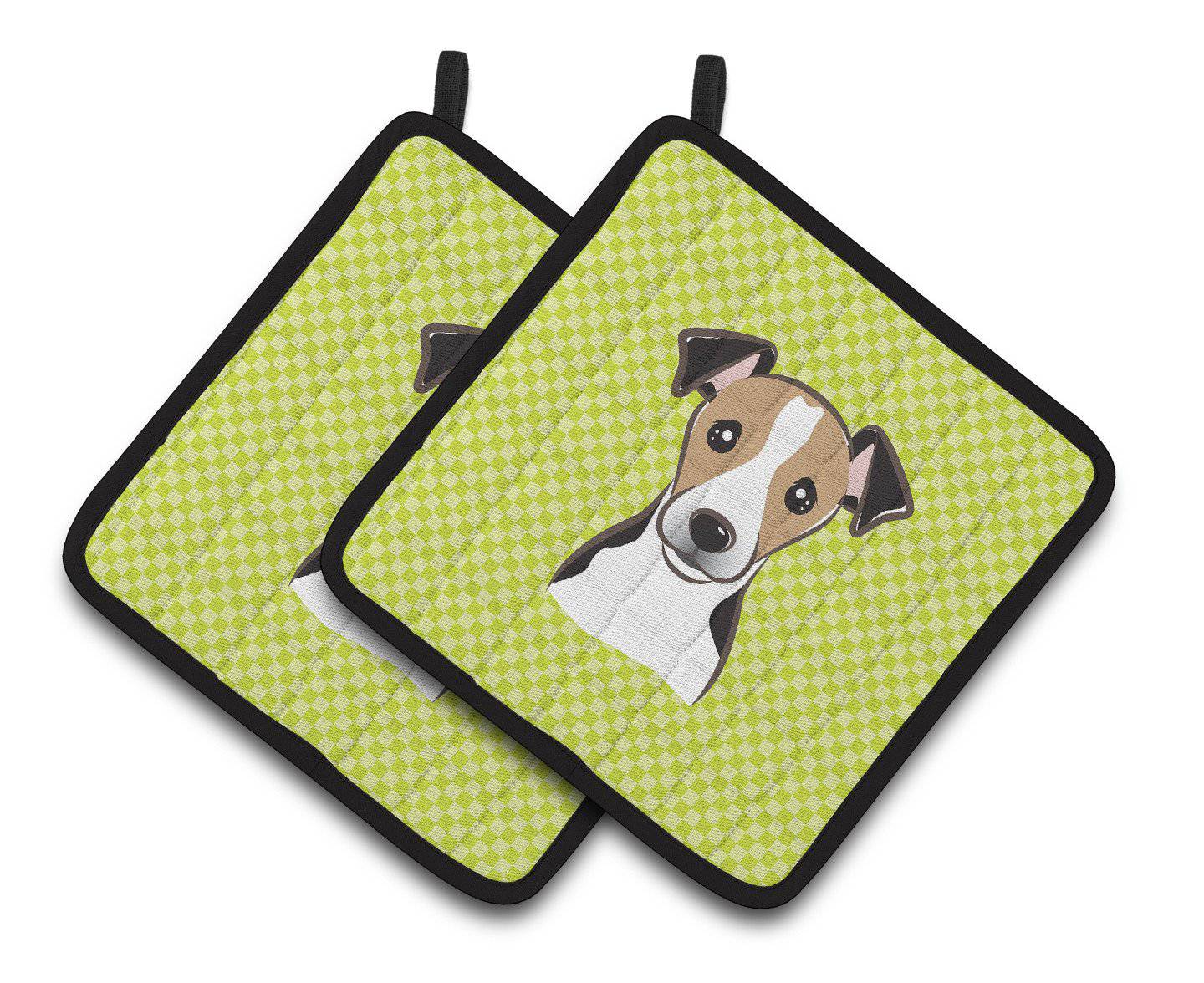 Checkerboard Lime Green Jack Russell Terrier Pair of Pot Holders BB1323PTHD - the-store.com