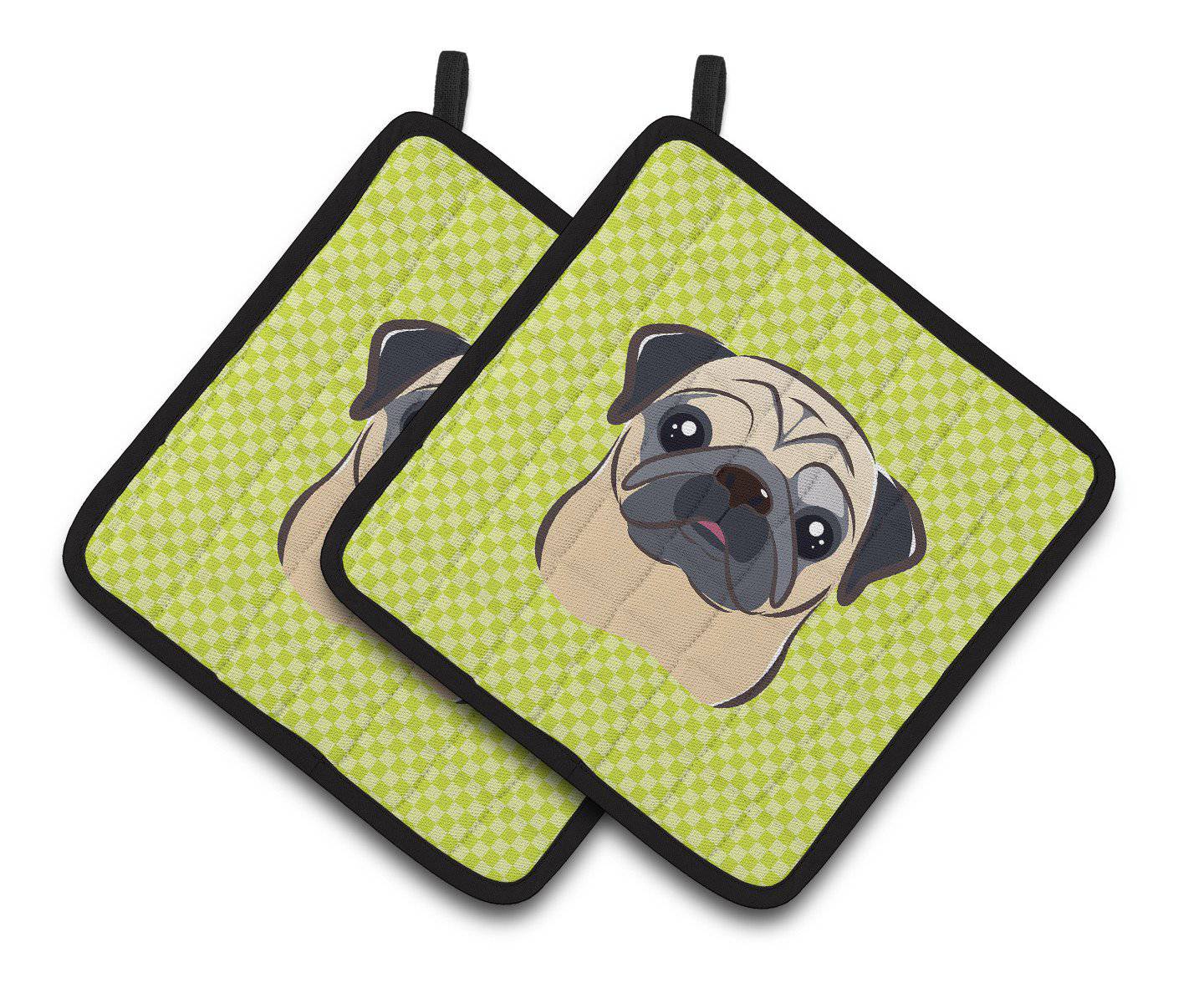 Checkerboard Lime Green Fawn Pug Pair of Pot Holders BB1324PTHD - the-store.com
