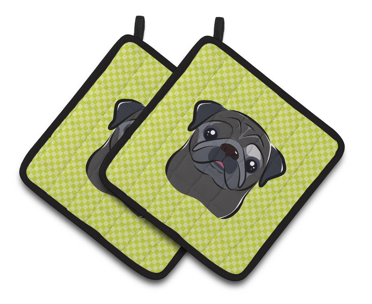 Checkerboard Lime Green Black Pug Pair of Pot Holders BB1325PTHD - the-store.com