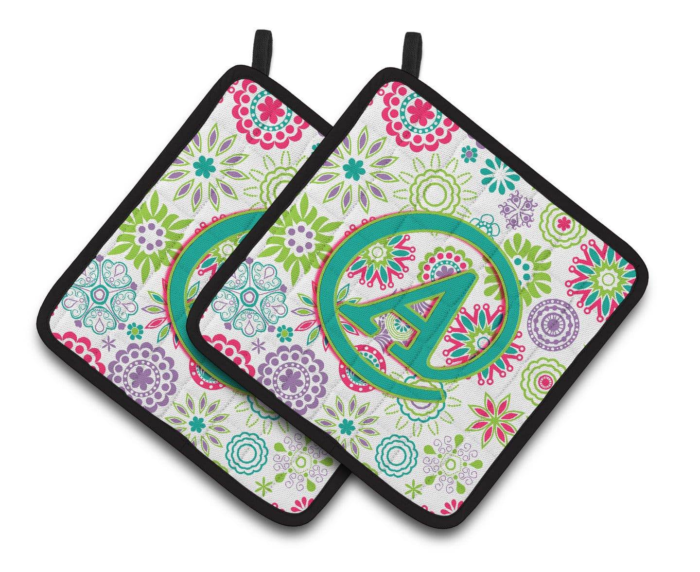 Letter A Flowers Pink Teal Green Initial Pair of Pot Holders CJ2011-APTHD - the-store.com