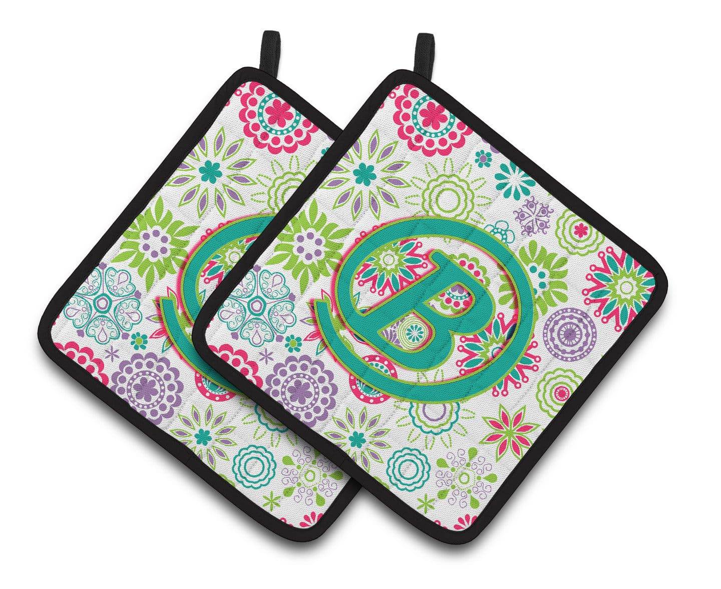 Letter B Flowers Pink Teal Green Initial Pair of Pot Holders CJ2011-BPTHD - the-store.com