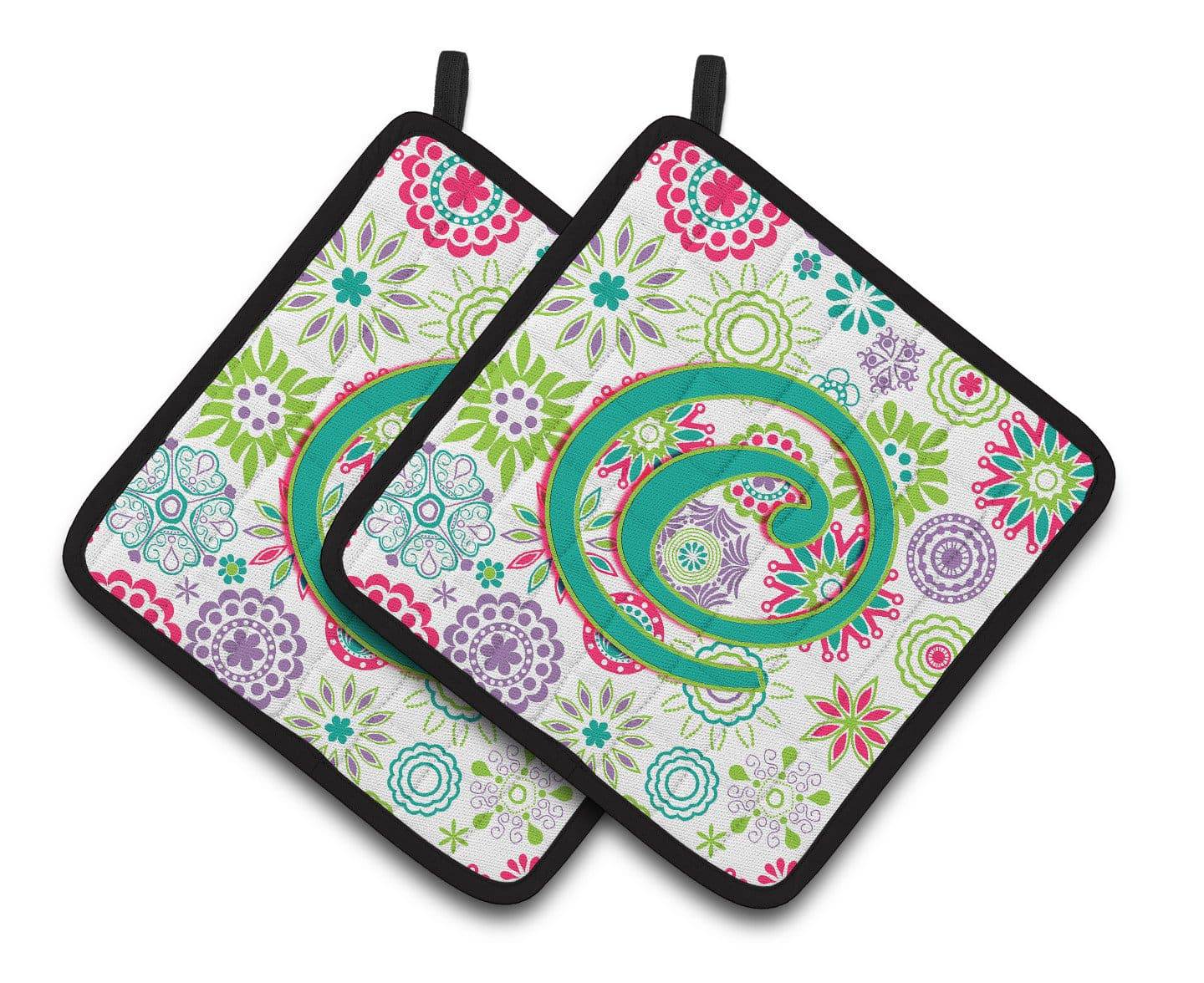 Letter C Flowers Pink Teal Green Initial Pair of Pot Holders CJ2011-CPTHD - the-store.com