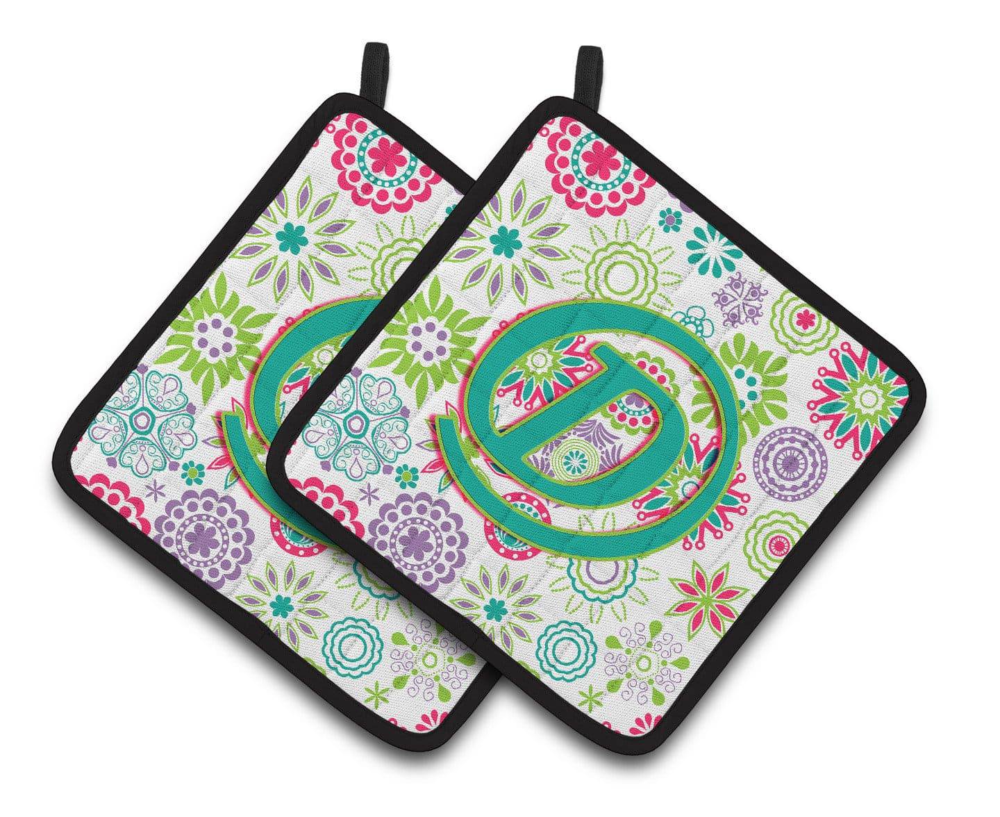 Letter D Flowers Pink Teal Green Initial Pair of Pot Holders CJ2011-DPTHD - the-store.com