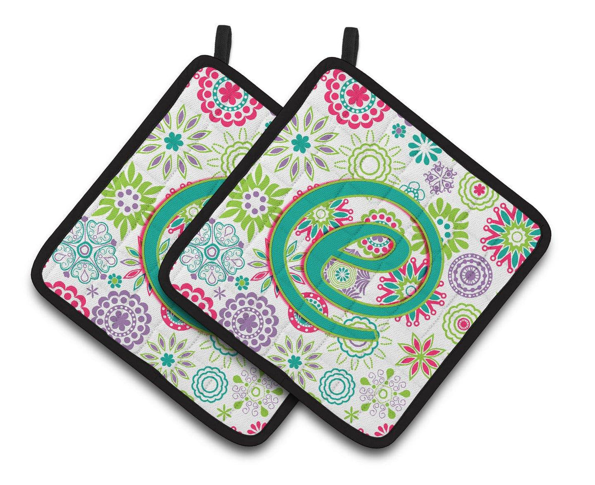 Letter E Flowers Pink Teal Green Initial Pair of Pot Holders CJ2011-EPTHD - the-store.com
