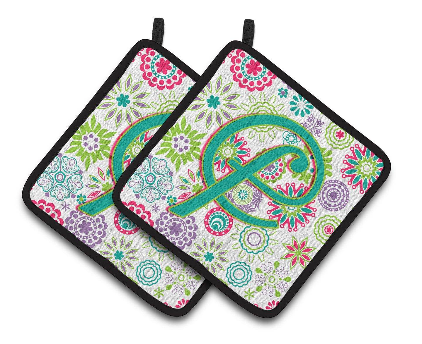 Letter F Flowers Pink Teal Green Initial Pair of Pot Holders CJ2011-FPTHD - the-store.com