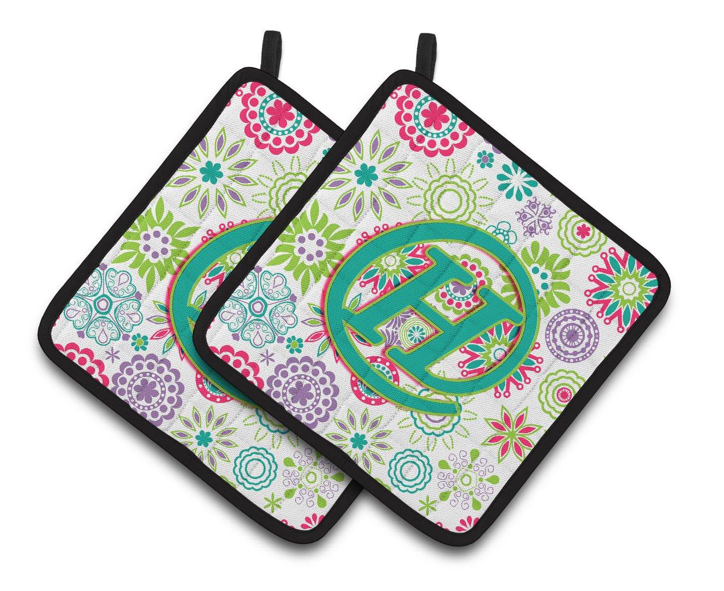 Letter H Flowers Pink Teal Green Initial Pair of Pot Holders CJ2011-HPTHD - the-store.com
