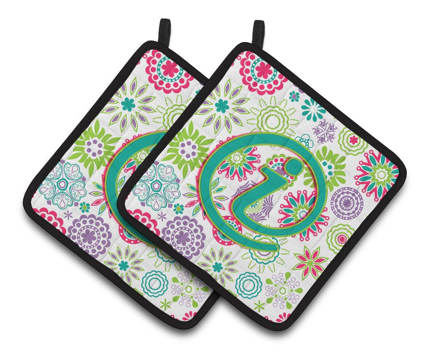 Letter I Flowers Pink Teal Green Initial Pair of Pot Holders CJ2011-IPTHD - the-store.com
